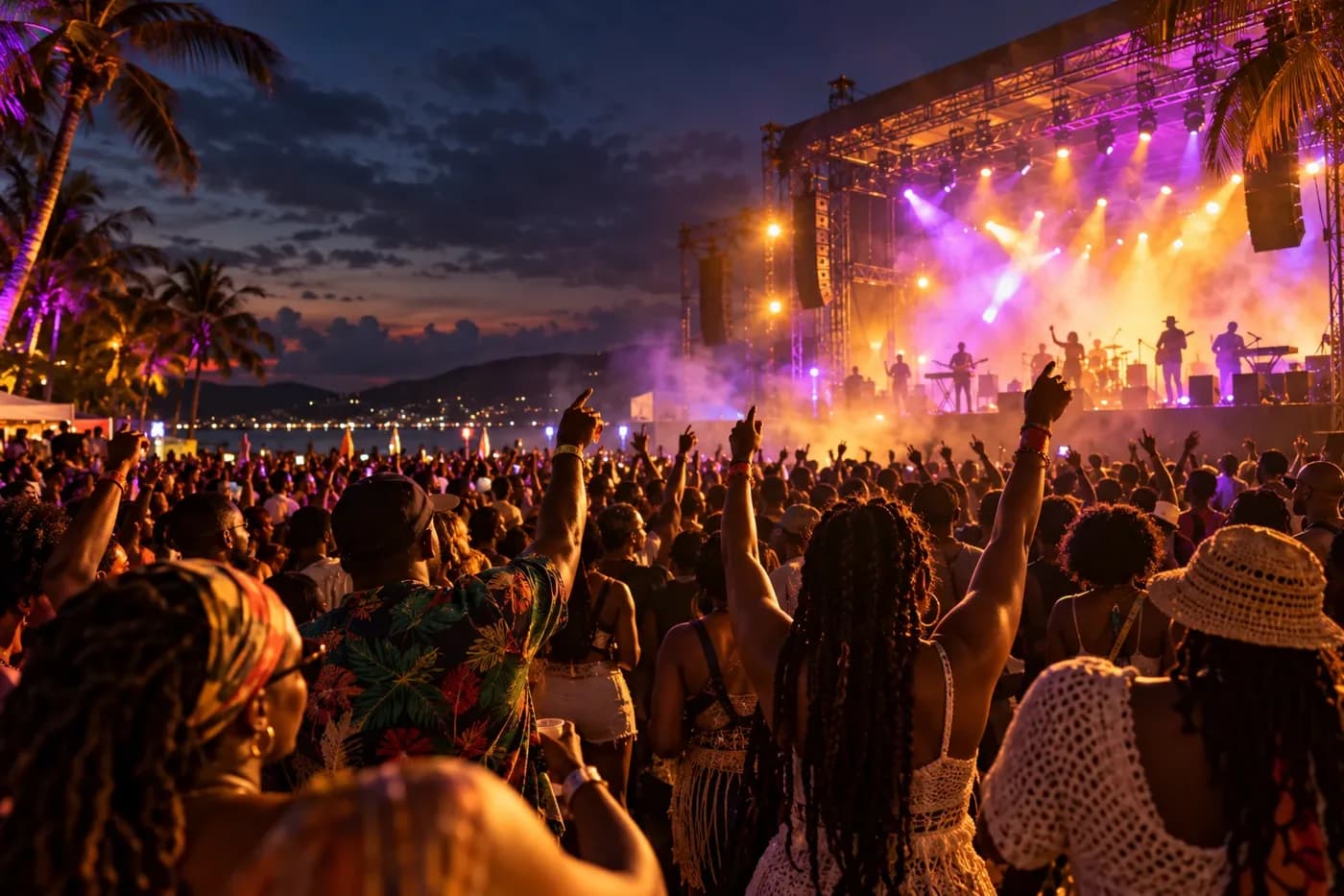 A crowd enjoying an outdoor evening concert under violet and amber stage lights